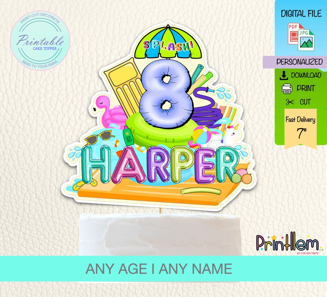 Pool Party Cake Topper Printable Summer Party Cake Topper Personalized