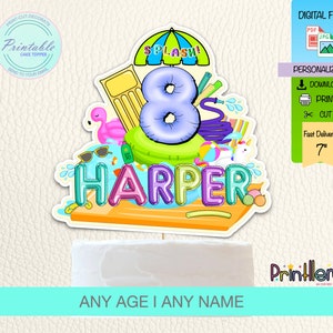 May include: Printable cake topper featuring a blue number 8 with a pool float design. The topper says "Splash!" and "Harper" in colorful letters. The topper is 7 inches tall.