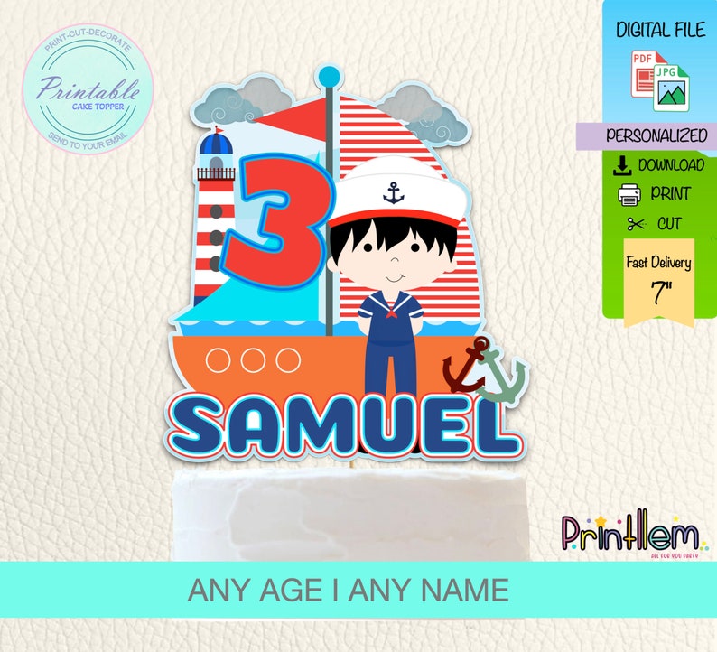 Nautical Themed Cake Topper Personalized Nautical Party Decorations Birthday Cake Topper Digital Download Printable Image