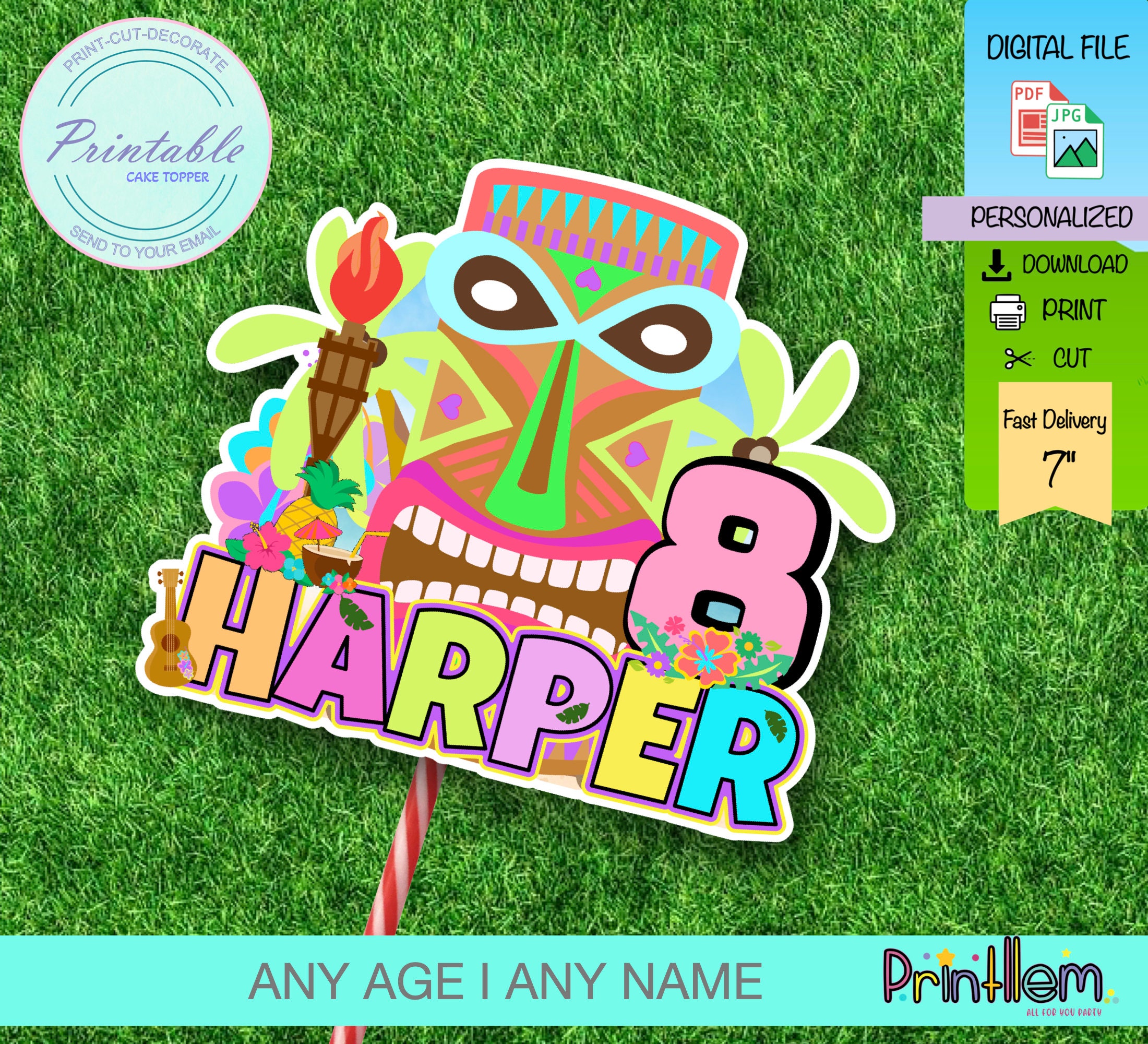 Luau Cake Topper Printable Luau Cake Decorations Personalized Tiki ...