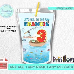 Angeln Saftbeutel Etiketten, O-fish-ally One Capri-Etiketten, der Große, ofishally, druckbare Saftbeutelverpackung, personalisiertes Saftetikett