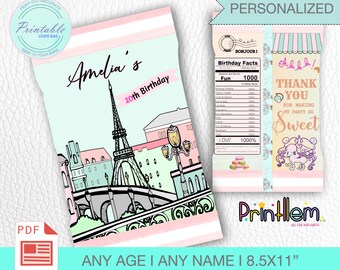Paris Birthday Chip Bag Printable, Eiffel Tower Favor, Travel Party Favors Bag   | Digital File