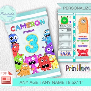 Printable Monster Party Chips Bag Personalized Little Monster Birthday Party Chips Bag Monster Theme Party Candy Bag Monster Thank You Tag