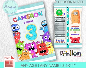 Personalized Monster Birthday Party Chip Bag, Halloween Favor Wrapper, Printable Supplies  | Digital File