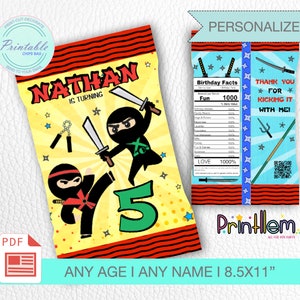 May include: A personalized ninja-themed chip bag design. The bag features a yellow background with ninja illustrations, the name "Nathan", and the number "5". The design includes text that reads "Birthday Facts" and "Thank you for kicking it with me!"
