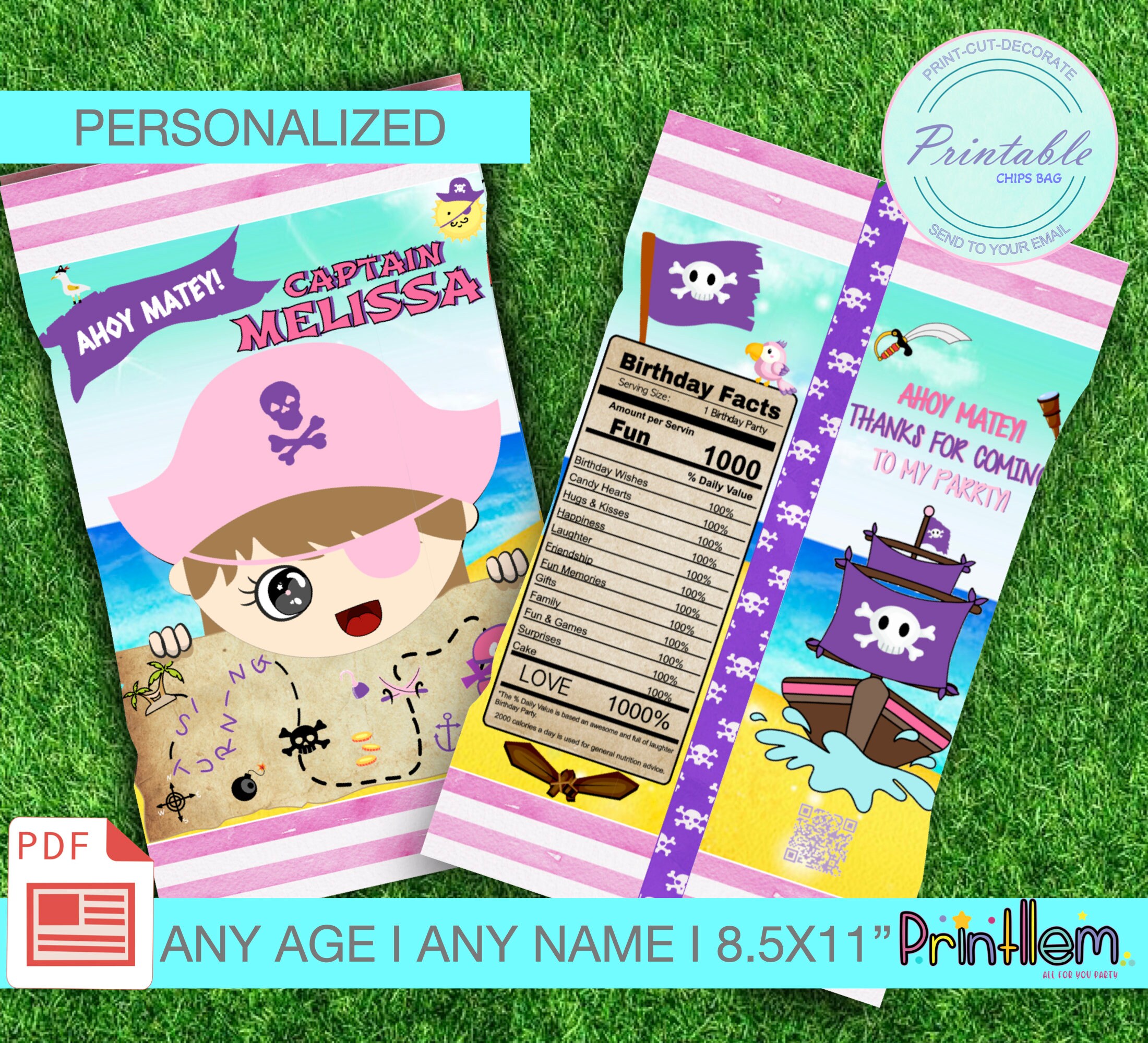 Pirate Chip Bag Girl,printable Chips Bag Pink Pirate,personalized Kids Pirate Birthday Party ...