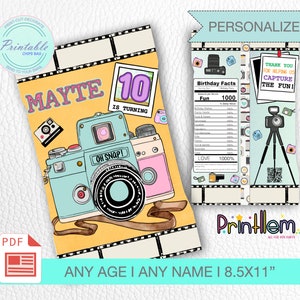 May include: Printable chip bag template featuring a cartoon camera with the text "Oh Snap!" and the words "Mayte is turning 10". The background is yellow with a film strip design. The template is 8.5 x 11 inches.