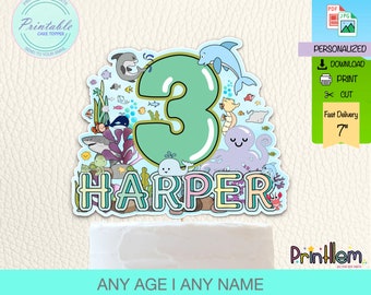 Adorno personalizado para tarta con animales marinos, cumpleaños náutico, bolsa de dulces imprimible/archivo digital