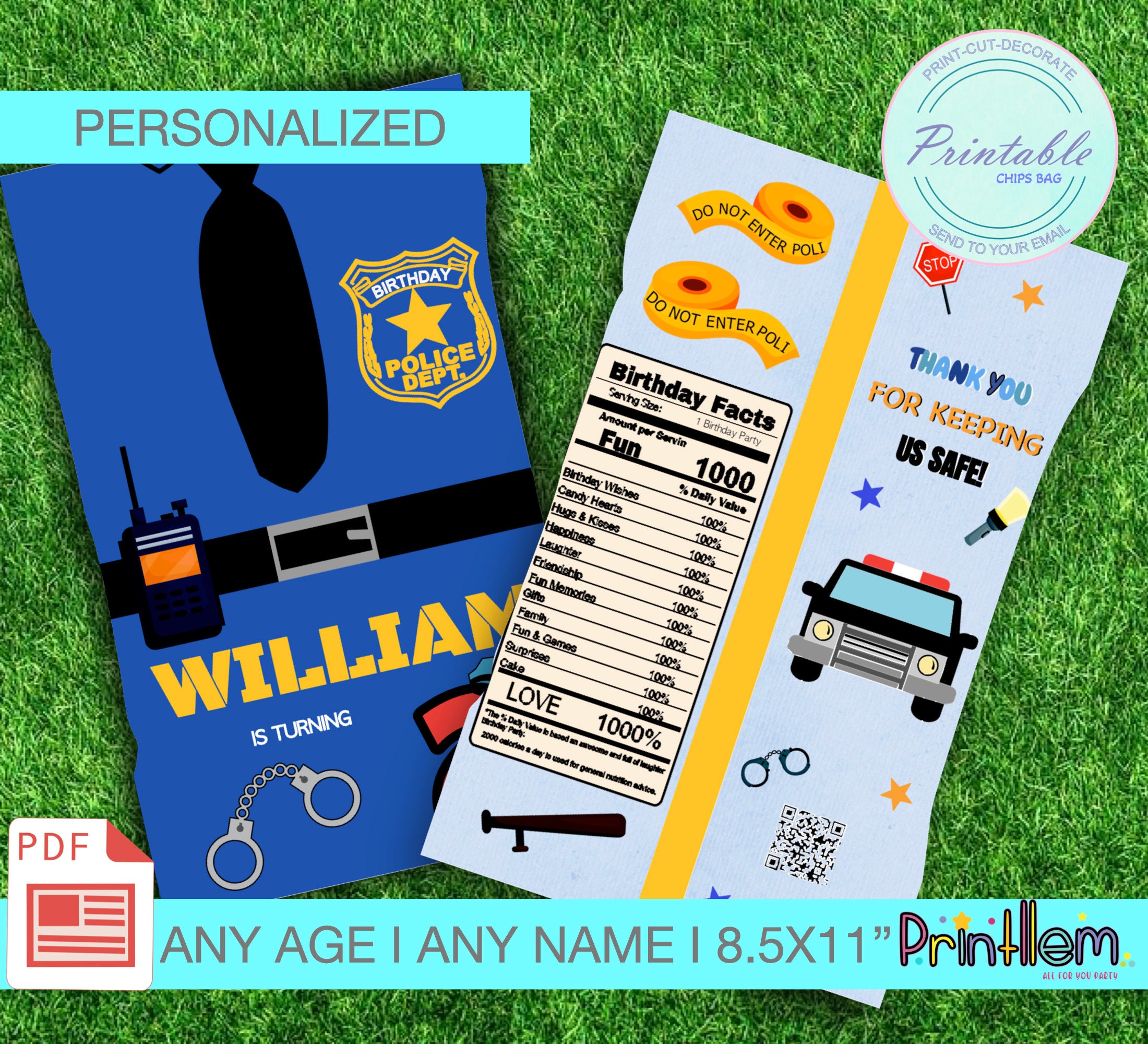 Police Chip Bag, Print Police Birthday Snack Bag Police Officer Chip ...