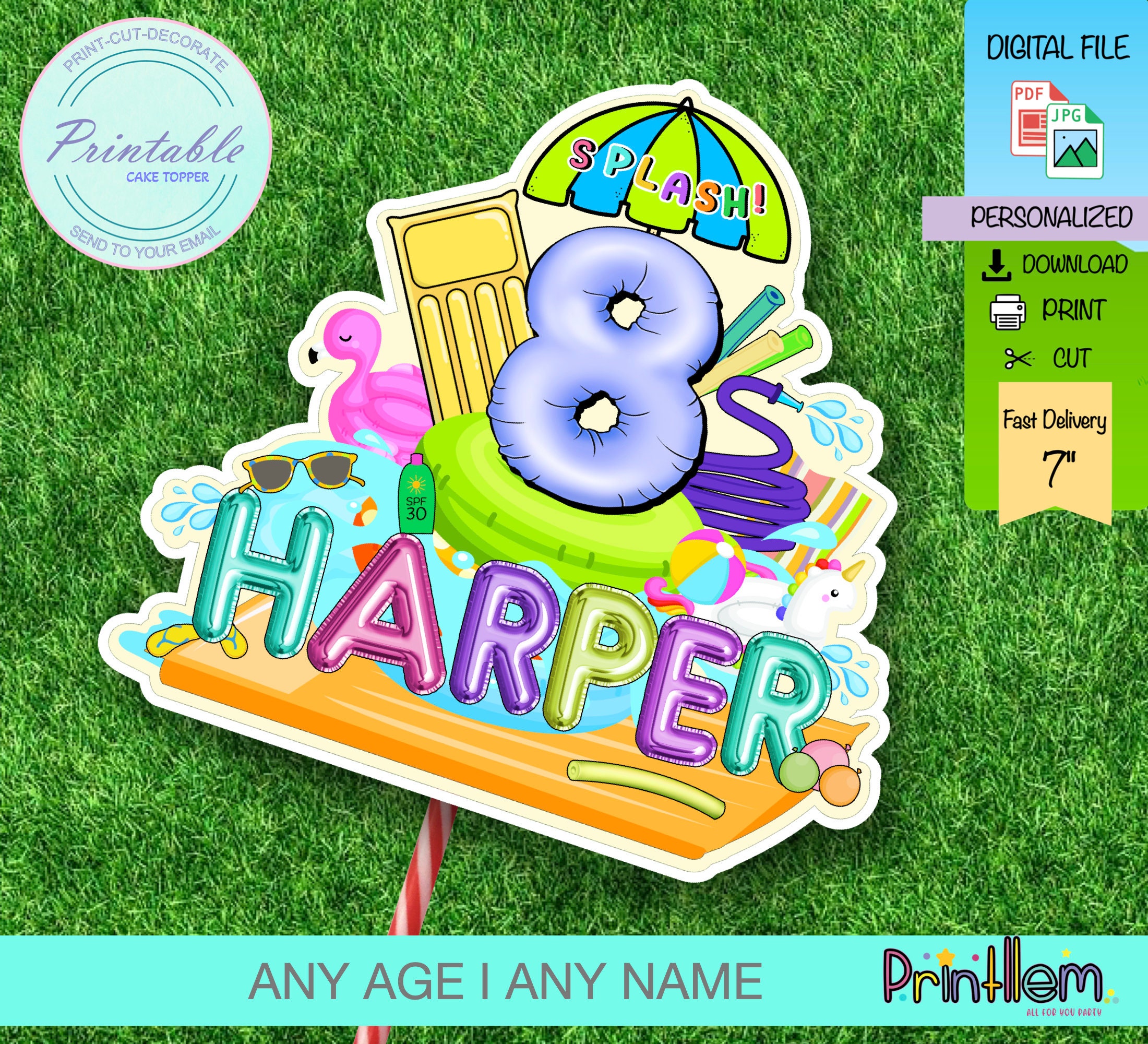 Pool Party Cake Topper Printable Summer Party Cake Topper Personalized