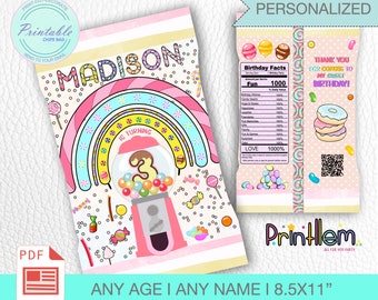 Personalized Candyland Chip Bag Wrapper, Birthday Party Favor, Carnival Printable Supplies   | Digital File