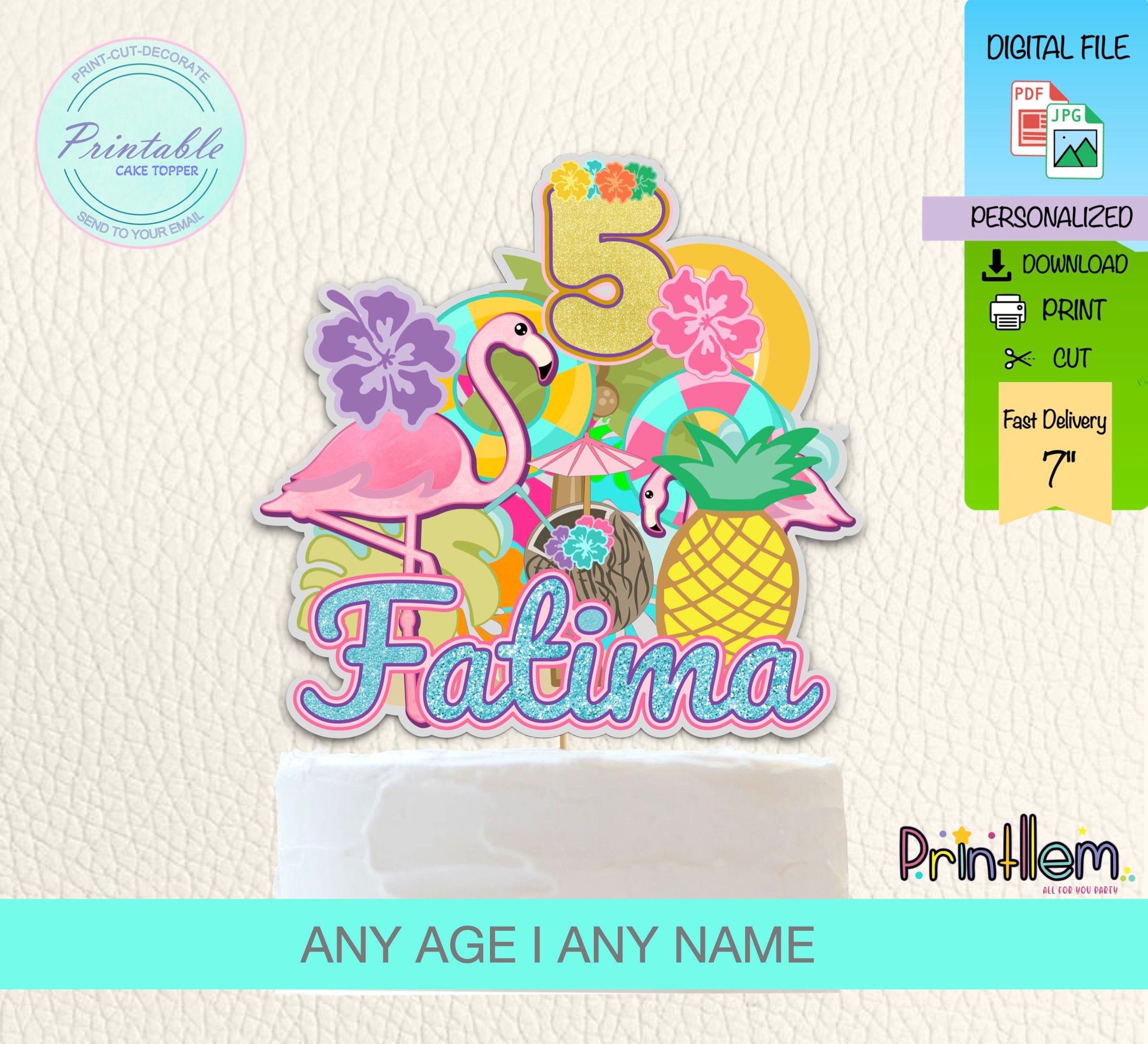 Cake Topper Flamingo Printable Tropical Cake Topper Summer Personalized ...