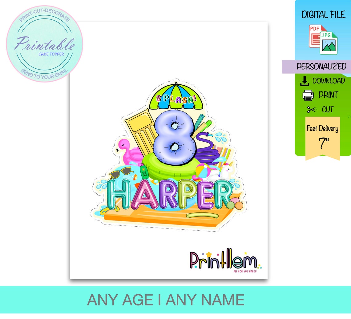 Pool Party Cake Topper Printable Summer Party Cake Topper Personalized