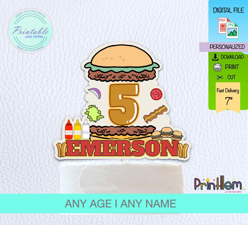 Burguer Cake Topper, Burguer Printable Cake Decorations, Fast Food