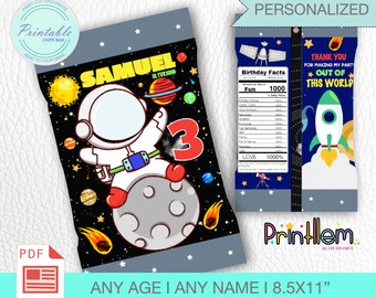 May include: Printable chip bag template featuring an astronaut on the moon with planets and stars in the background. The bag is personalized with the name "Samuel" and the age "3". The text "Thank you for making my party out of this world" is on the back of the bag.