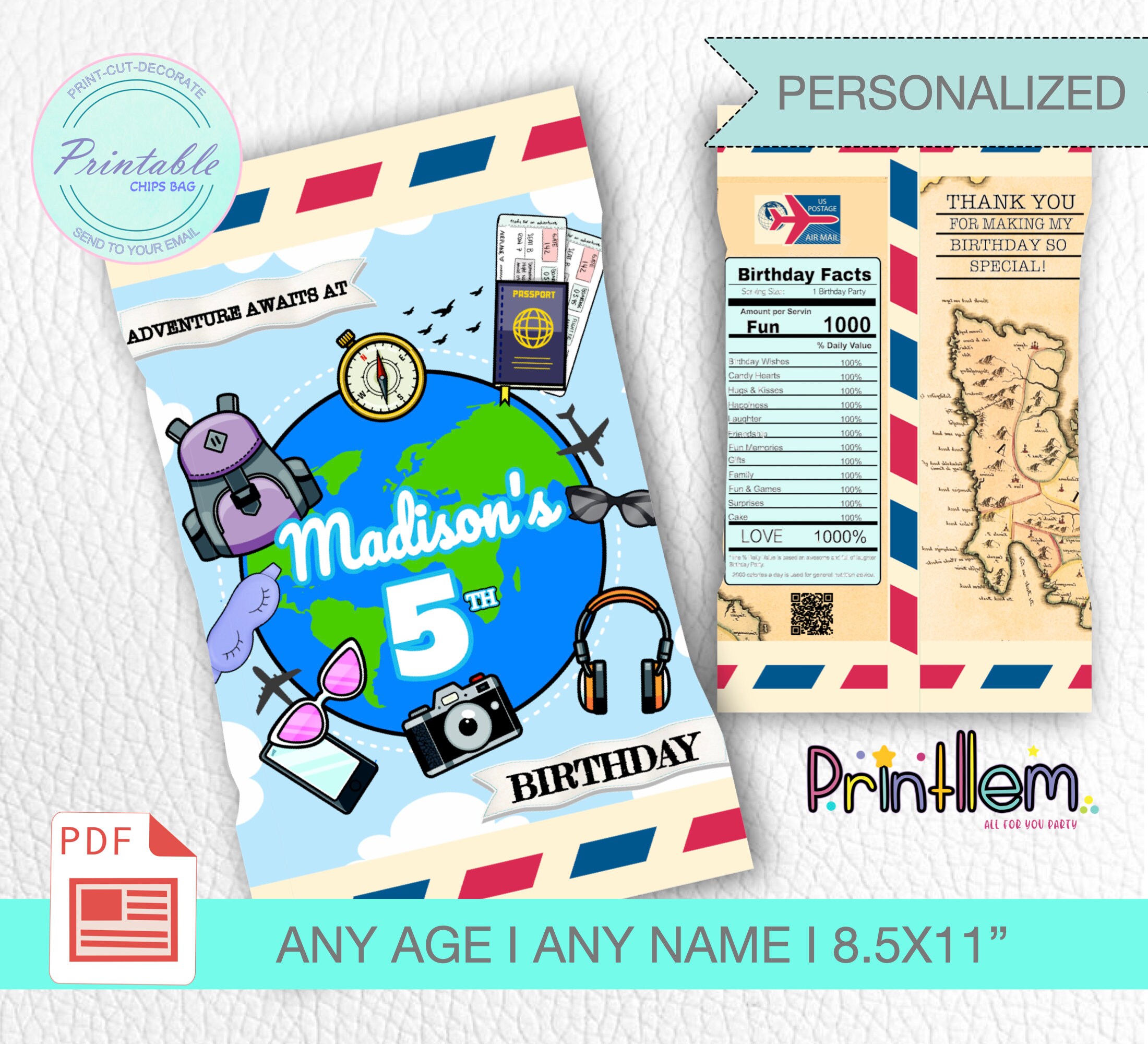 Travel Chips Bag Personalized Travel Theme Party Wrappers Travel Theme Party Bag Favors Adventure Awaits Stacked Birthday Party Travel Decor
