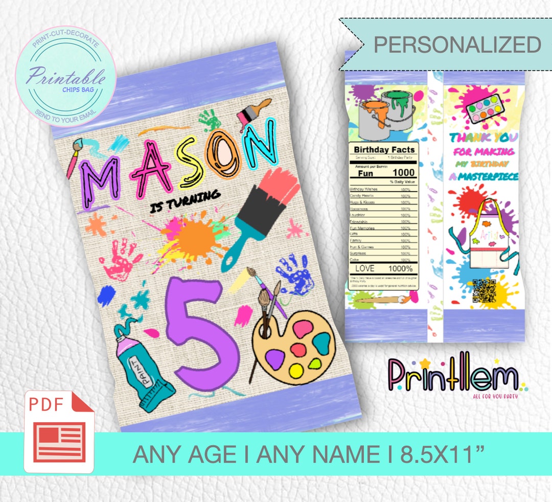 Art Birthday Chips Bag Party Painting Candy Bag Colorful Painting Theme ...