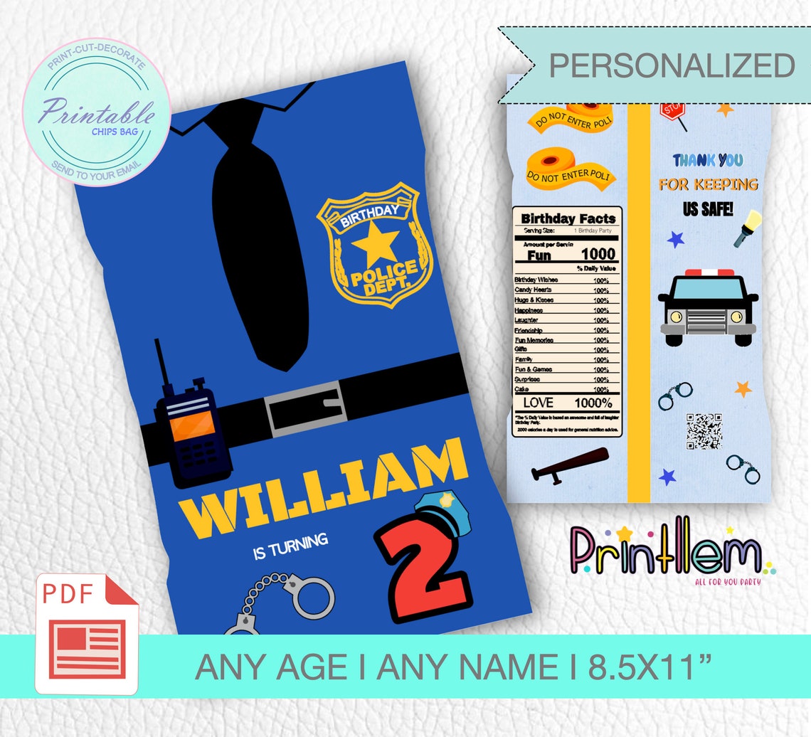 Police Chip Bag, Print Police Birthday Snack Bag Police Officer Chip