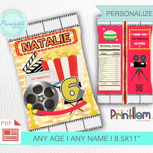 Movie Night Chip Bag Printable Movie Night Party Favors Personalized Snacks Treat Bags Movie Birthday Party Supplies Movie Favor Chips Bag