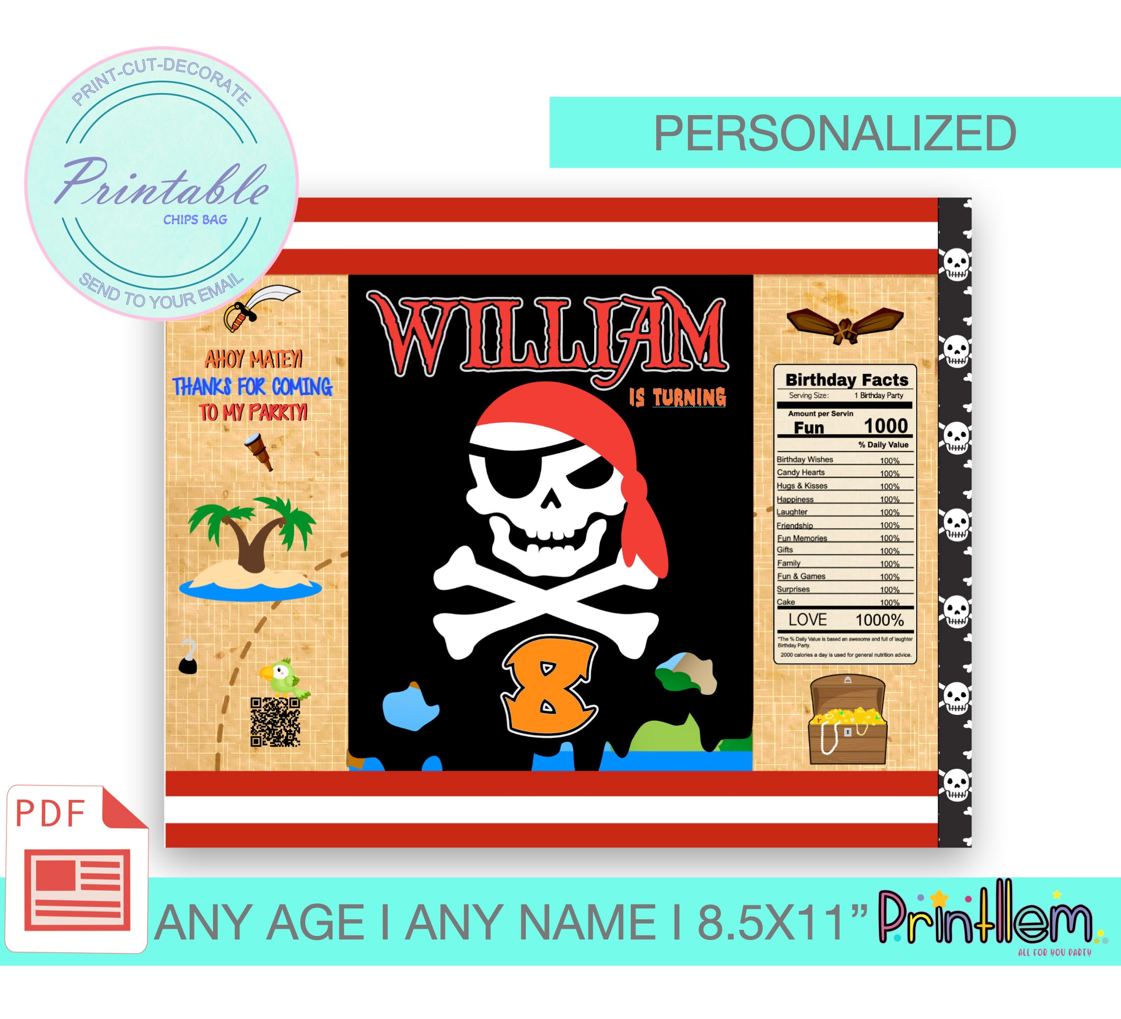 Pirate Chip Bag Printable Pirate Flag Candy Bag Personalized Pirate Candy Wrappers Birthday ...