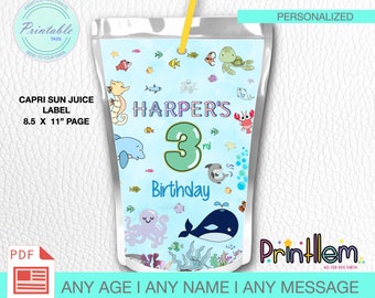 Sea Animals Birthday Juice Pouch Label: Personalized Capri Sun, Printable Supplies  | Digital File