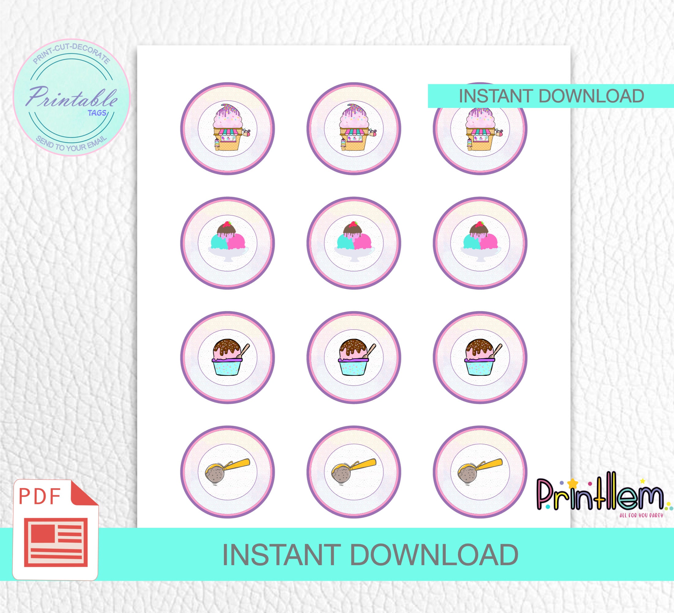 Ice Cream Cupcake Toppers Sparkle Ice Cream Favor Tags Pink Ice Cream ...