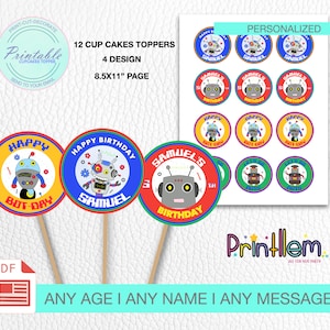Robot Cupcake Toppers Personalized Birthday Boy Robots Themed Birthday Cake Decorations Printable Cutouts Sci-Fi Party Decorations Robot