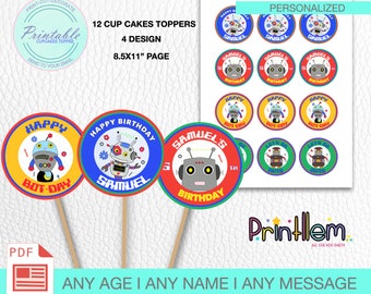 May include: Colorful robot-themed cupcake toppers for a birthday celebration. The image shows several round toppers with robot designs, the text "HAPPY BOT-DAY", and "SAMUEL'S BIRTHDAY". The toppers are on wooden sticks, and the text "ANY AGE I ANY NAME I ANY MESSAGE" is also visible.