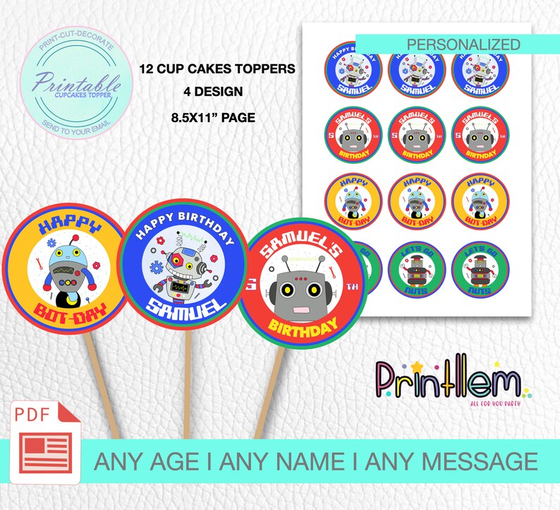 Robot Cupcake Toppers Personalized Birthday Boy Robots Themed Birthday ...