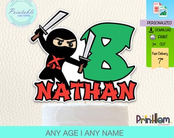 May include: Printable cake topper featuring a cartoon ninja holding swords, a green number 8, and the name "NATHAN". The topper is 7 inches tall.