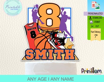 May include: Printable cake topper featuring a basketball theme with a large number 8, a basketball jersey with the name "SMITH" and the number 8, a basketball, and a pair of sneakers. The topper is 7 inches tall.