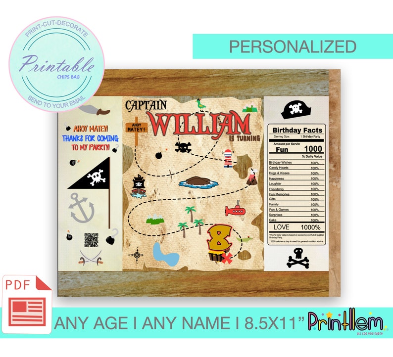 Treasure Wrapper Pirate Chips Bag Printable Treasure Map Candy Wrappers Birthday Party ...