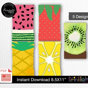 Könnte beinhalten: Druckbare Chipstüten-Designs mit Wassermelone, Erdbeere, Kiwi, Ananas und Zitrone. Die Designs sind in einem leuchtenden, farbenfrohen Stil gehalten und perfekt, um Ihrer nächsten Party oder Veranstaltung eine lustige Note zu verleihen. Der Text "Printllem. All for you party" ist ebenfalls im Bild enthalten.