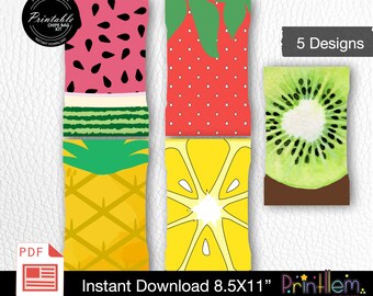 Peut inclure: Designs imprimables pour sacs de chips représentant une pastèque, une fraise, un kiwi, un ananas et un citron. Les designs sont dans un style lumineux et coloré, parfaits pour ajouter une touche amusante à votre prochaine fête ou événement. Le texte "Printllem. All for you party" est également inclus dans l'image.