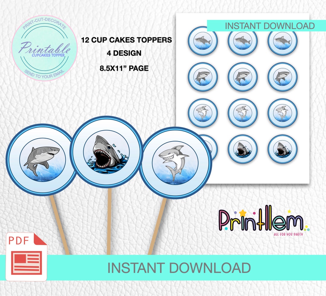 Shark Cupcake Topper, Printable Birthday Party Shark Cup Cake Toppers ...