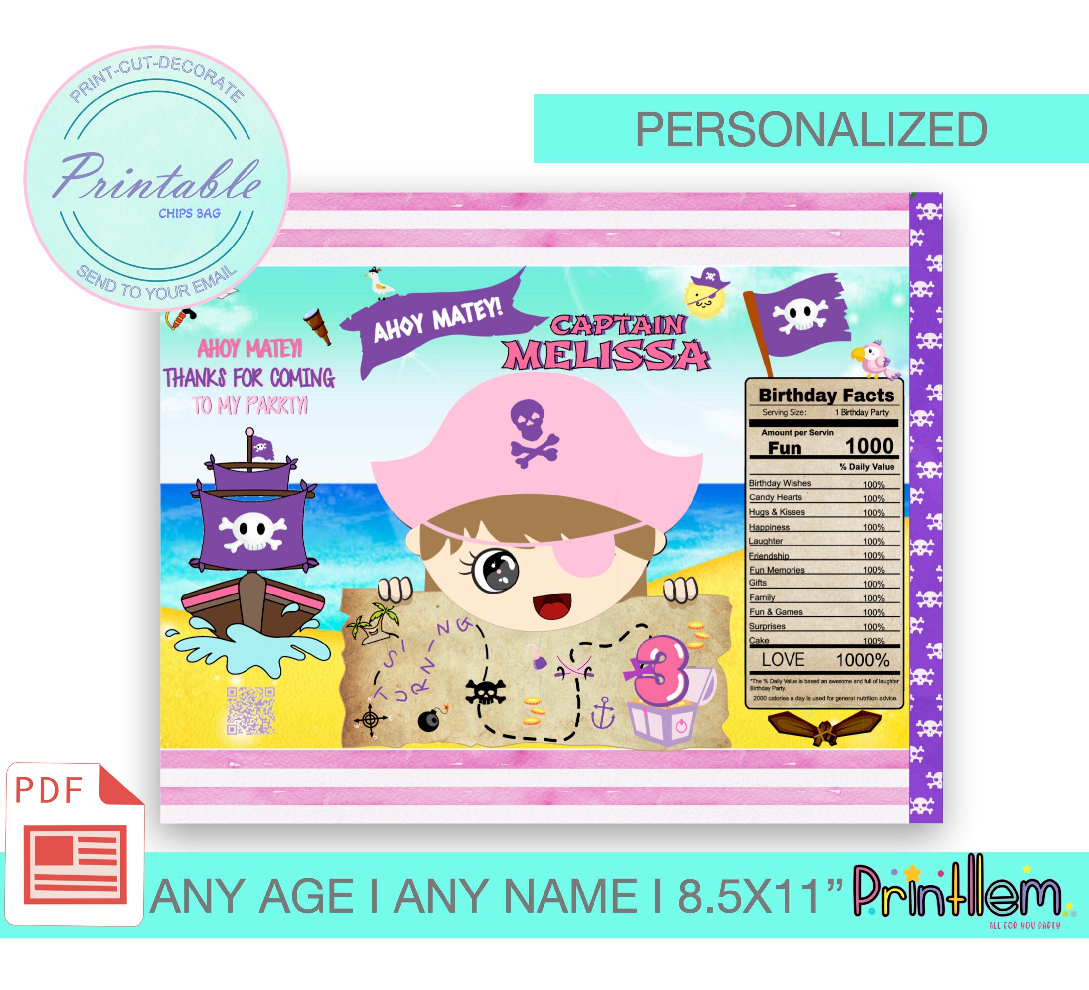 Pirate Chip Bag Girl,printable Chips Bag Pink Pirate,personalized Kids Pirate Birthday Party ...