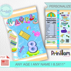 Pool Party Chips Bag Printable Birthday Party Favors Summer Personalized Pool Party Favor Bag Pool Birthday Printables Pool Chip Bag Labels