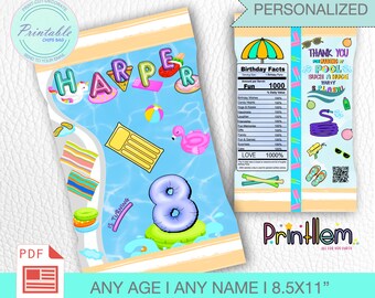 May include: Printable chip bag template featuring a pool party theme with a blue pool, a pink flamingo float, and a colourful number 8. The bag is personalised with the name "Harper" and the text "Is Turning". The bag is 8.5 inches by 11 inches.