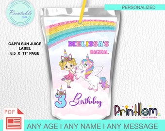 May include: Printable Capri Sun juice box label featuring a unicorn and a girl with a rainbow background. The label says "Melissa's Magical" and "3 Birthday".