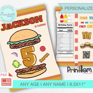 May include: A personalized printable chip bag design featuring a cartoon burger, the name "Jackson", and the number "5". The design includes a nutrition facts label and the text "Thank you for the best party ever".