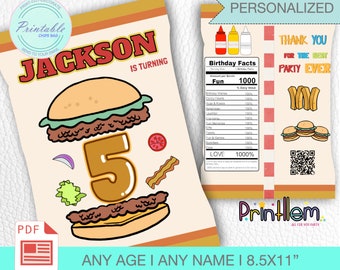Burger Party Chip Bag Wrapper Custom Labels, Personalized Hamburger Party Wrapper Birthday Favor Printable Chips Bag Digital File Fast Food