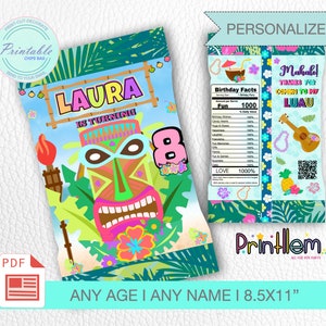Tiki Chip Bag Printable Luau Chip Bag Birthday Party Candy Wrappers Bag Personalized Tropical Party Favor Hawaiian Birthday Aloha Favors