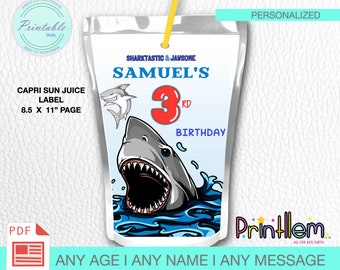 Personalized Shark Birthday Juice Pouch Label, Printable Supplies  | Digital File