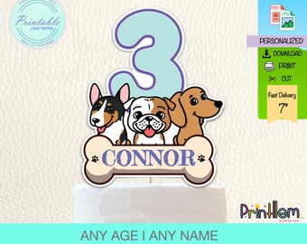 May include: Printable cake topper featuring a blue number 3 with three cartoon dogs, a black and white terrier, a brown and white bulldog, and a brown dachshund. The dogs are sitting on a bone with the name "CONNOR" written on it. The topper is 7 inches tall.