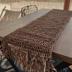 Raffia Table Runner with Tassels, Brown, Crochet, Diner Table Runner, Coffee Table Runner, Custom Table Runner, Modern Table Runner