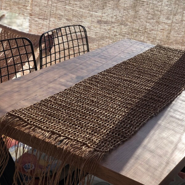 IVAPUPU Boho Table Runner - Brown Botanical Pattern, Cotton Linen Blend With Tassels - View #6