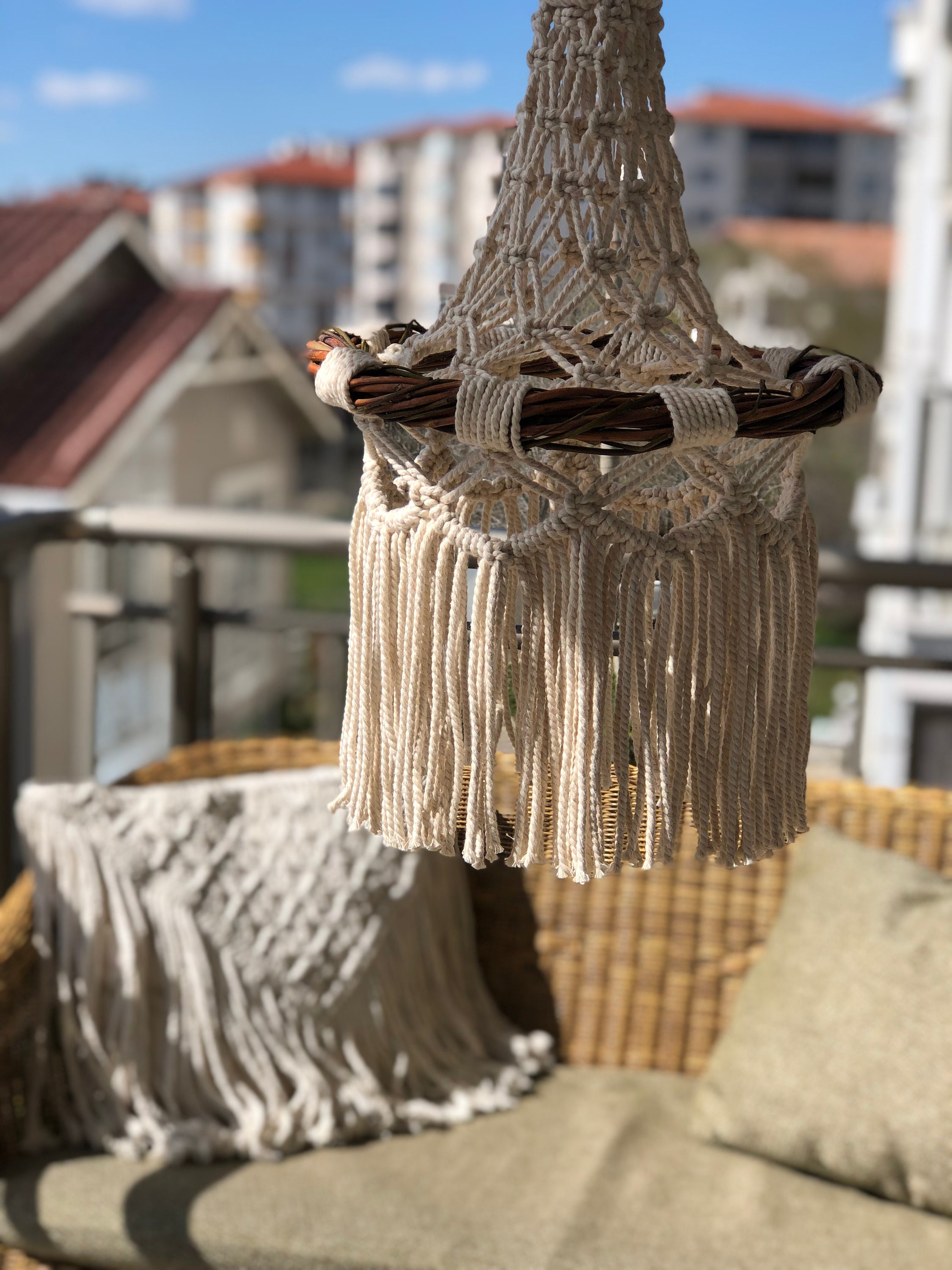 Wooden Macrame Hanging Lamp Macrame Light Fixture Bohemian Etsy