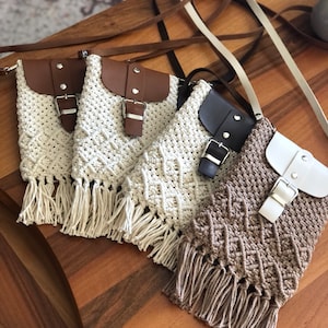 Bolso de teléfono Macrame, bolso Macrame, billetera Macrame, bolso de teléfono con mango de cuero, bolso bandolera con borlas, bolso pequeño