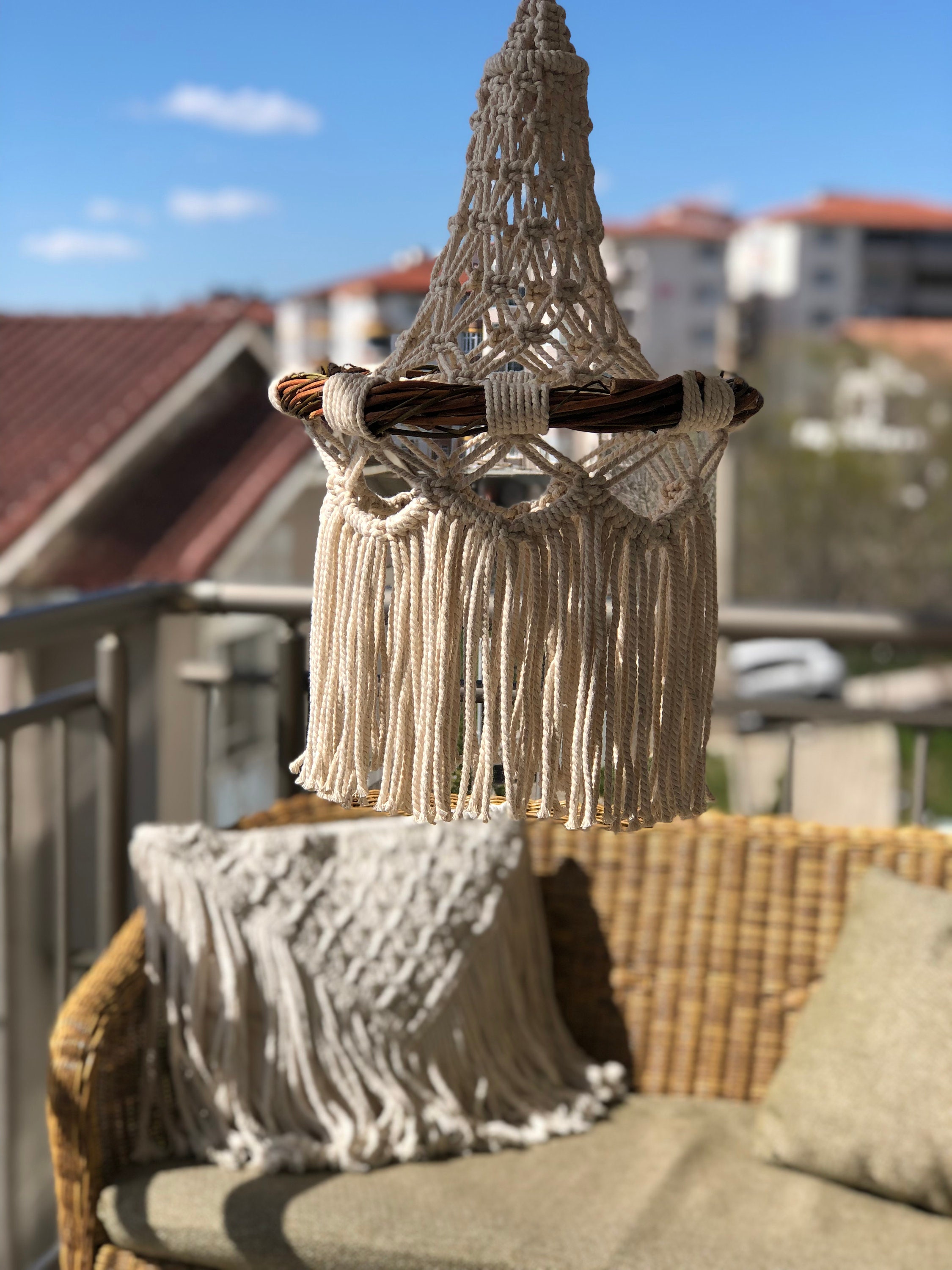 Wooden Macrame Hanging Lamp Macrame Light Fixture Bohemian Etsy