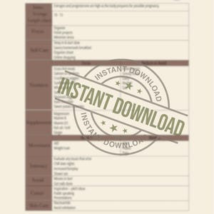 Könnte beinhalten: Eine beige Informationstabelle mit dem Titel Luteal Phase, einem braunen Kopfbereich und einem Rasterlayout. Das Dokument enthält Textkategorien wie Focus, Self Care, Nutrition, Supplements, Movement, Intimacy, Social, Career und Skin Care.